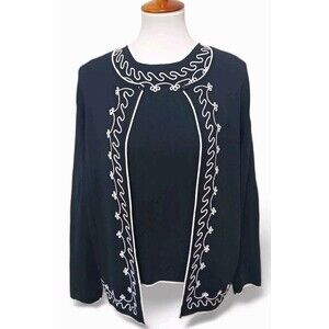 Vtg Carducci Black White Embroidered Cardigan Jacket & Shell Set Women's Size XL